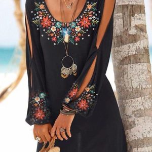 Cotton-Blend Floral Vintage Long Sleeve SKU175852573347128903