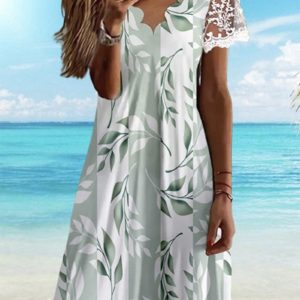 V Neck Leaves Lace Short SKU175852573362242668